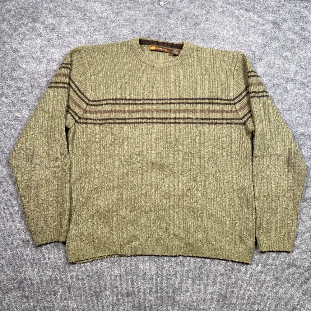 Retrofit Mens Striped Crewneck Sweater Olive Green‎ Brown Ribbed Knit Large